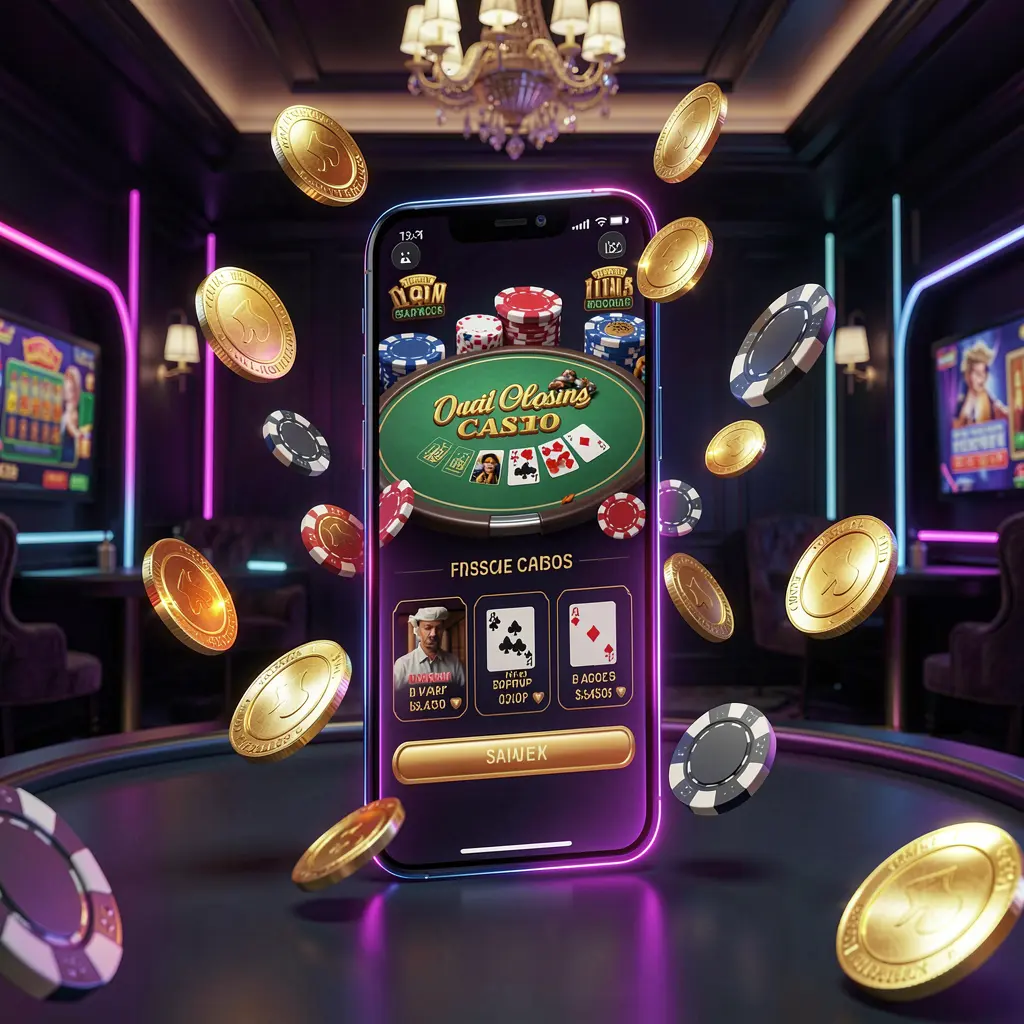3SBD online casino mobile app hero banner featuring a modern smartphone with glowing casino interface, golden coins and poker chips flying around against a dark luxury background with neon accents
