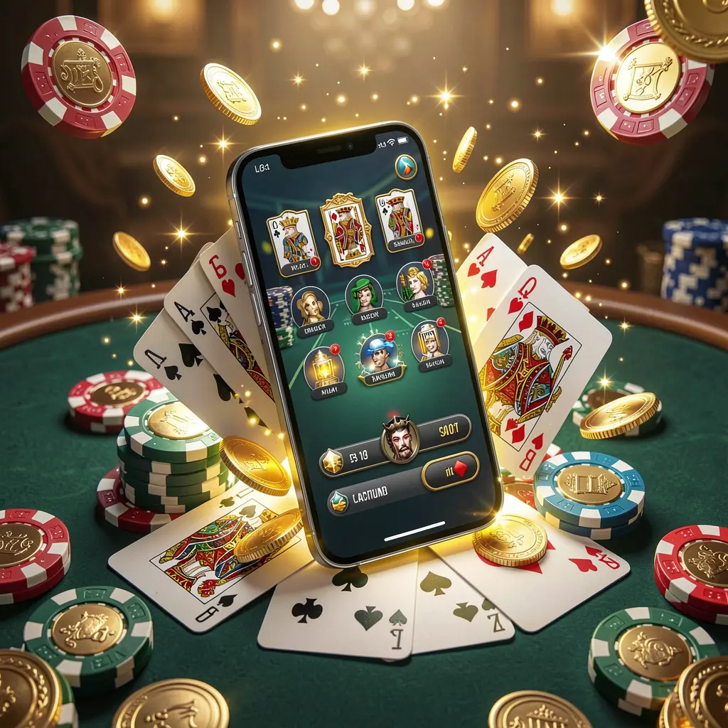 3SBD mobile gaming application concept showing a smartphone surrounded by playing cards, roulette chips, gold coins, and sparkling lights in a premium casino style