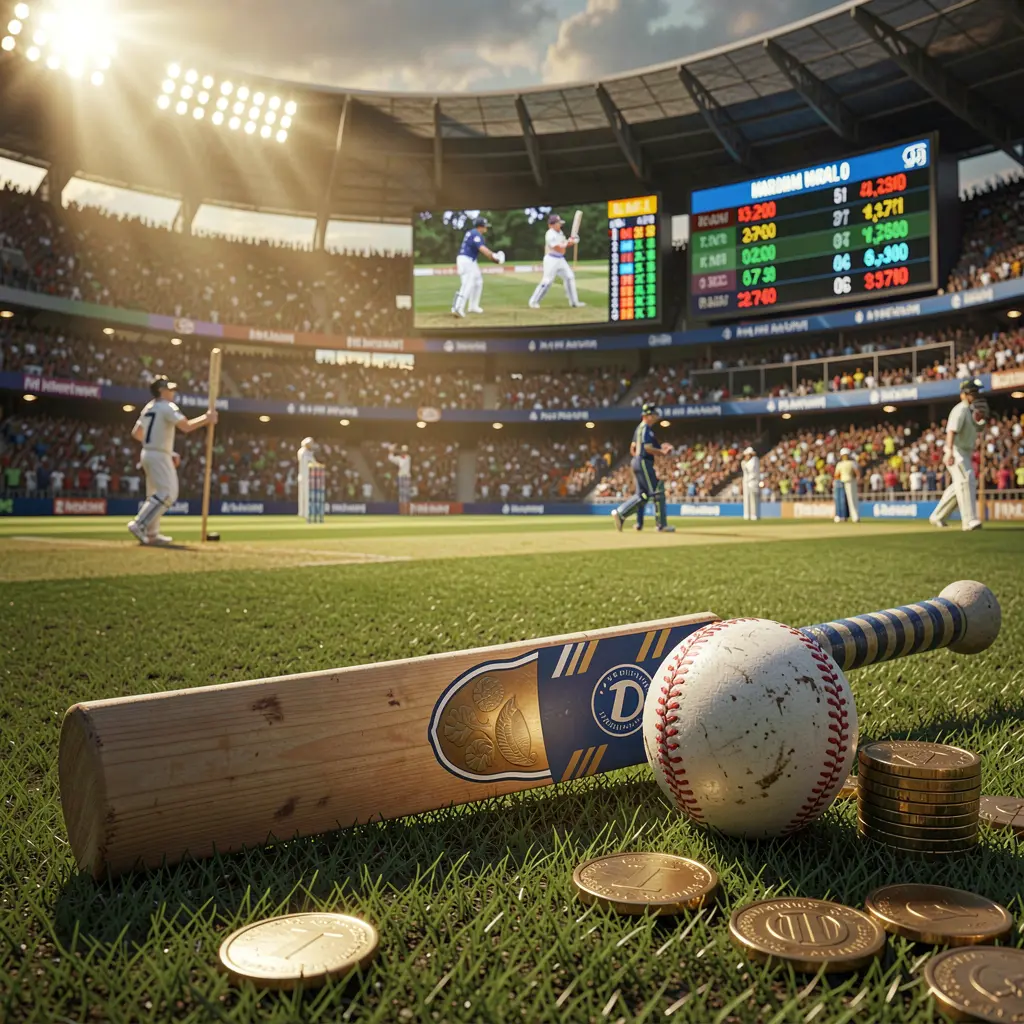 3SBD premium cricket betting scene featuring a cricket stadium filled with a crowd, a bat and ball in the foreground, digital odds graphics, and coins illuminated by dramatic lighting in a high detail 3D render