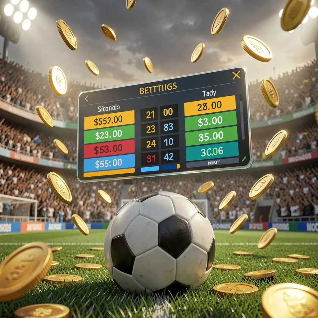 3SBD sports betting page showing a packed football stadium with a soccer ball in the foreground, floating digital odds interface, and golden coins flying in a realistic 3D illustration