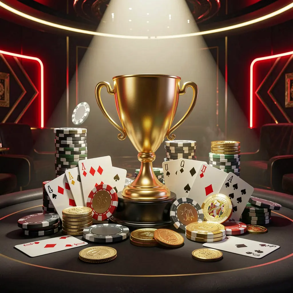 3SBD casino tournament bonus concept featuring a golden trophy surrounded by poker chips, playing cards, and coins under a bright spotlight in a luxurious casino setting with dark background and red and gold neon accents