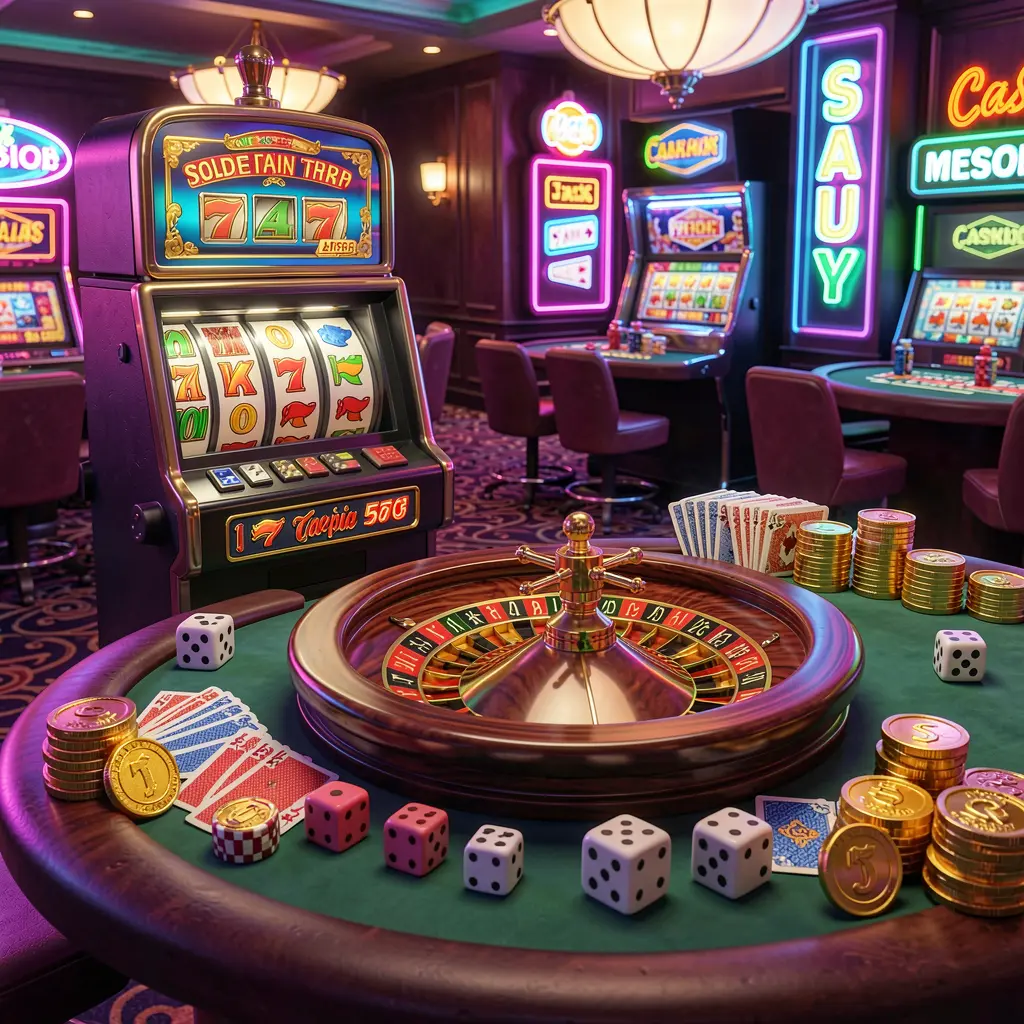 3SBD casino entertainment scene featuring a slot machine, roulette wheel, dice, cards, and golden coins under colorful neon lights creating an exciting premium atmosphere