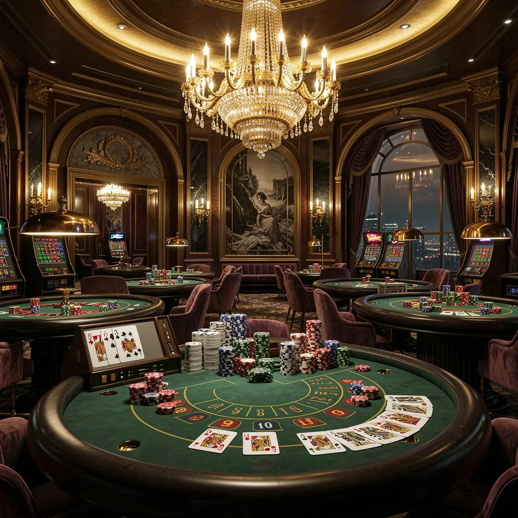 3SBD high-end casino lobby featuring golden lights, roulette tables with chips and cards, elegant premium design against a dark cinematic background in an ultra detailed 3D render
