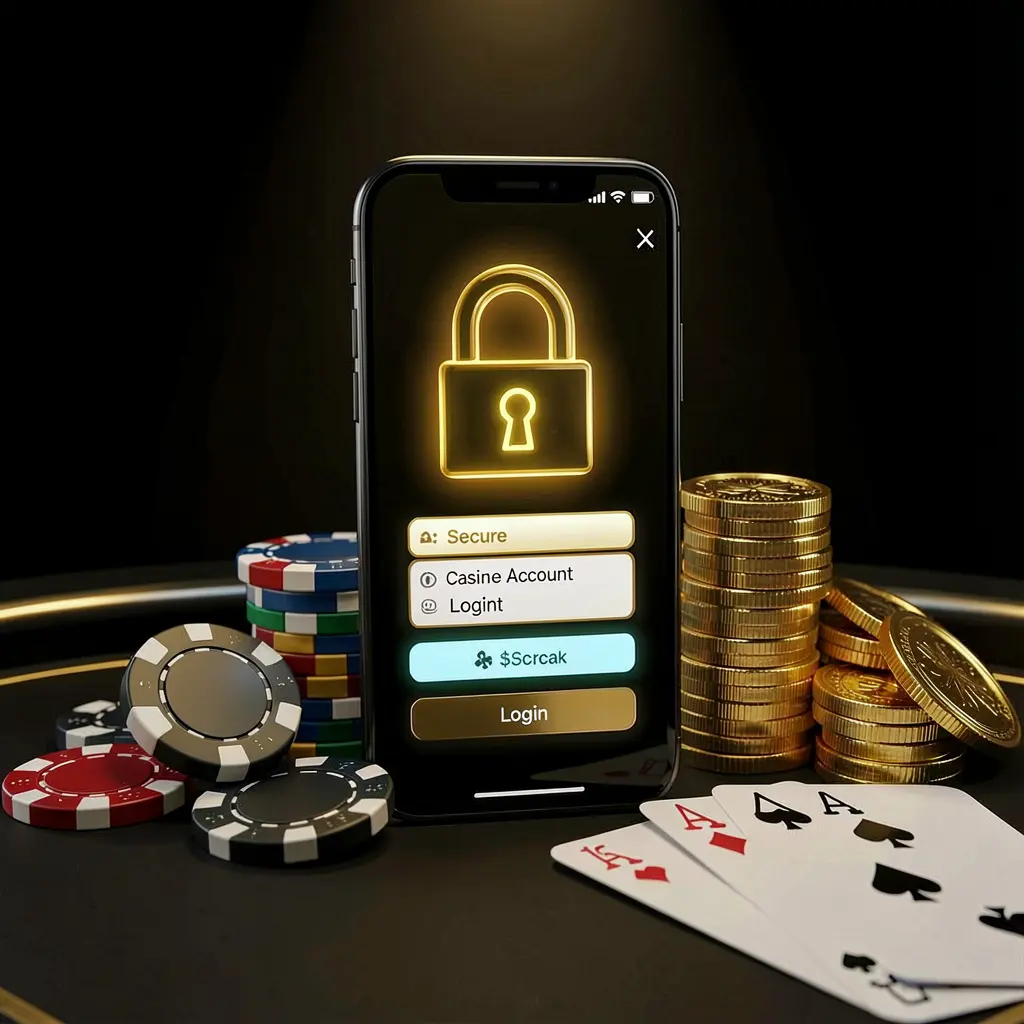 3SBD secure casino account login concept with glowing lock icon on smartphone screen surrounded by poker chips, playing cards, and golden coins on an elegant black and gold background