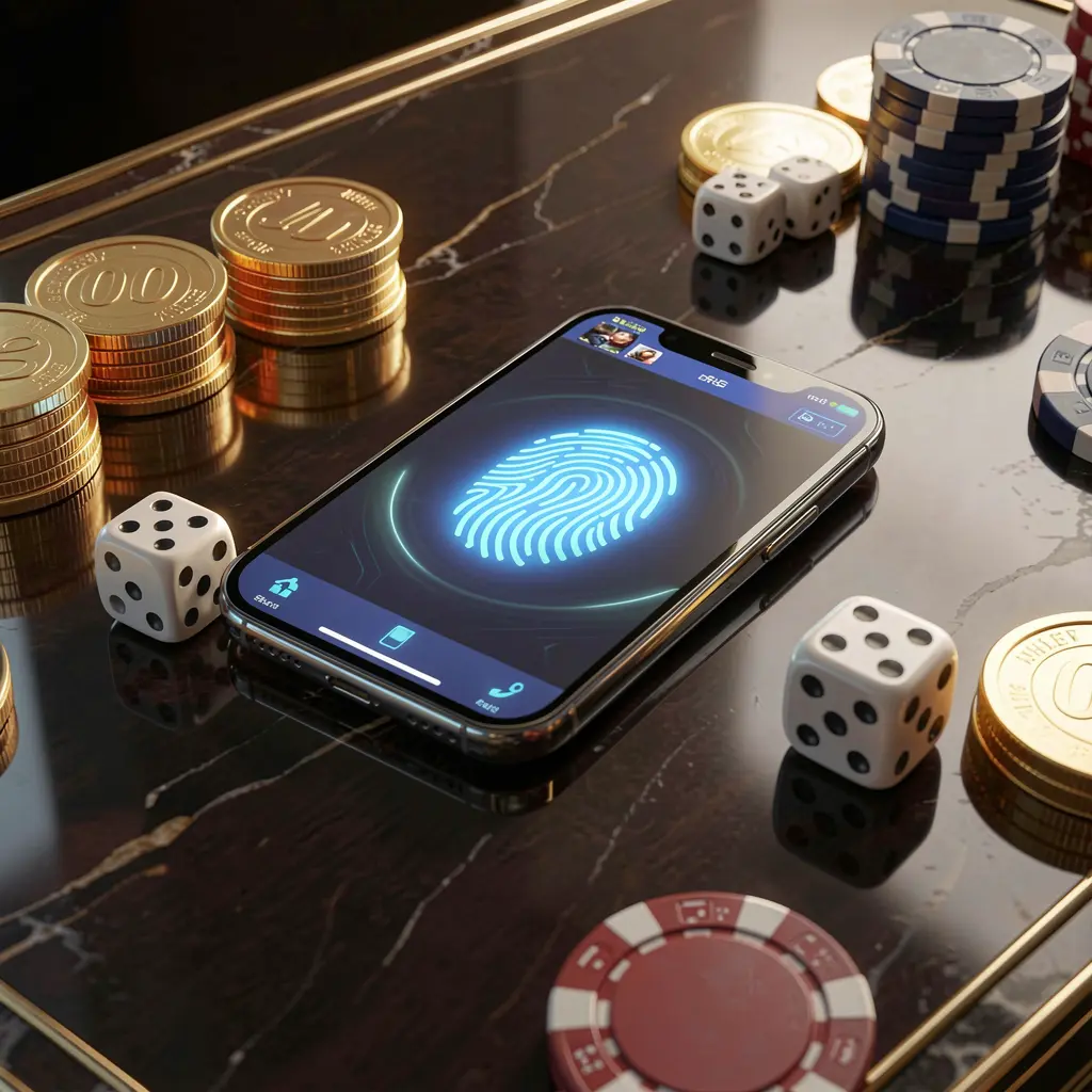3SBD online gaming account access scene with smartphone displaying glowing fingerprint icon, golden coins, dice, and poker chips on a glossy table under cinematic lighting