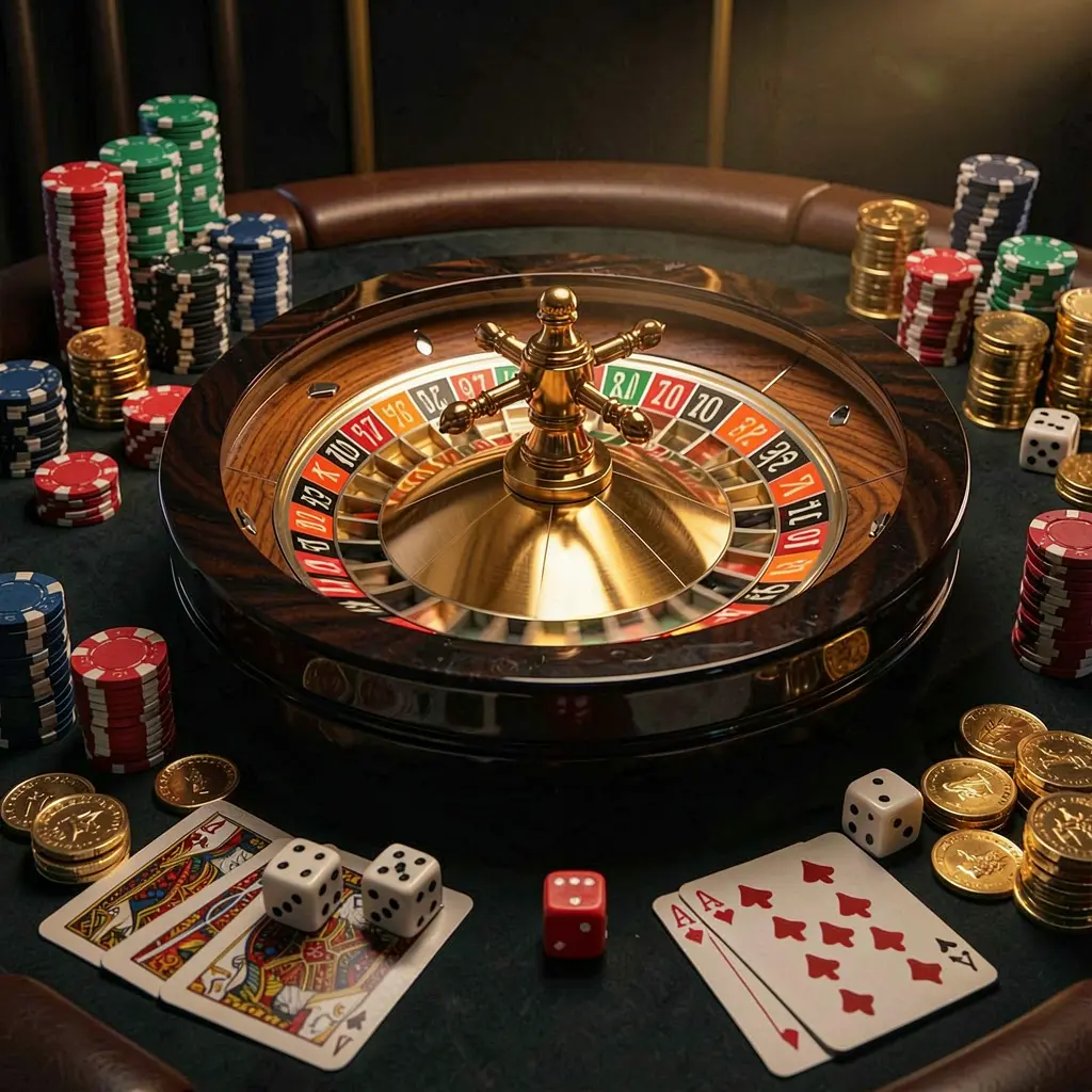 3SBD premium casino homepage scene featuring a roulette wheel spinning on a glossy table surrounded by poker chips, dice, cards, and golden coins against an elegant dark background with cinematic lighting